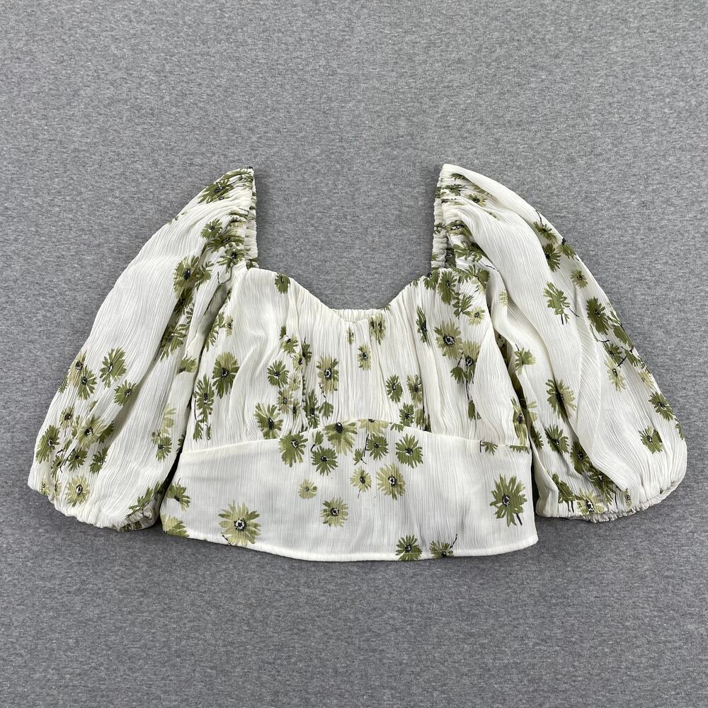 Abercrombie & Fitch Top Womens S Floral Puff Sleeve Crop Green White Crinkle